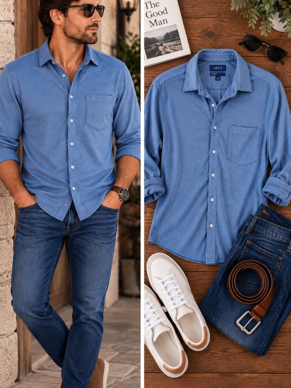 APT. 9 Premier Flex Blue Textured Button Up Shirt Mens S Long Sleeve